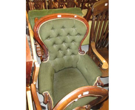 Victorian mahogany button upholstered spoon back elbow chair
