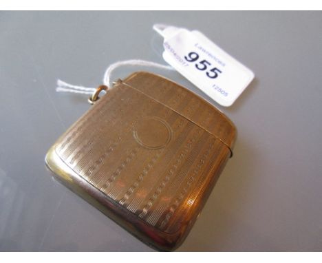 9ct Gold vesta case of curved design with engine turned decoration