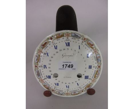 18th Century French enamel clock dial signed Garrigueo à Paris painted with Arabic and Roman numerals within a calendar and z