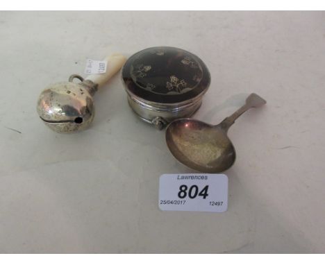 Birmingham silver mounted mother of pearl babies rattle together with a tortoiseshell and silver trinket box (a/f) and a silv