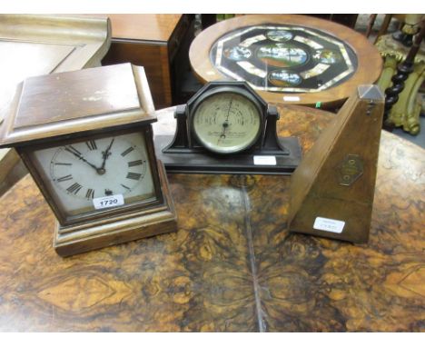 Early 20th Century oak single train mantel clock, a Bakelite cased desk barometer and a clockwork metronome