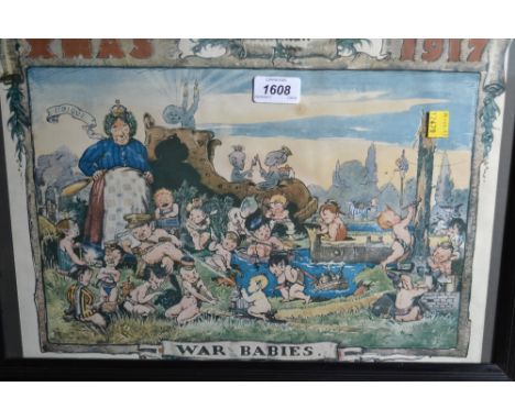 Ebonised framed coloured print, ' Christmas 1917, War Babies ' label verso, 12ins x 15ins