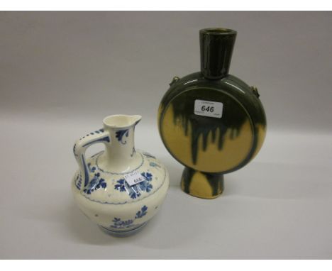 Oriental green glazed moon flask vase with stamped character mark to base and a Delft vase