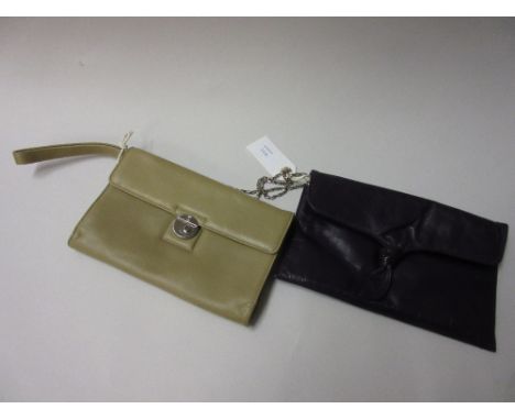 Tanner Krolle beige leather clutch bag with metal clasp (slight scuffs), together with another purple leather bag having chai