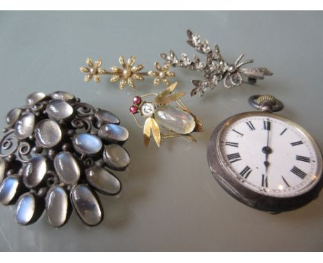 Gold bar brooch set with split seed pearls, silver moonstone brooch, two other brooches and a silver coloured enamel fob watc