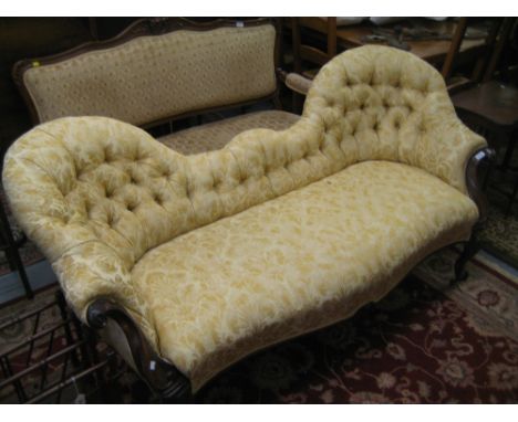 Victorian rosewood gold floral button upholstered double spoonback sofa, raised on cabriole front supports