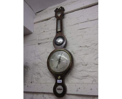 19th Century rosewood banjo shaped wheel barometer / hydrometer / thermometer by P. Keeley, Bolton (lower glass lacking)