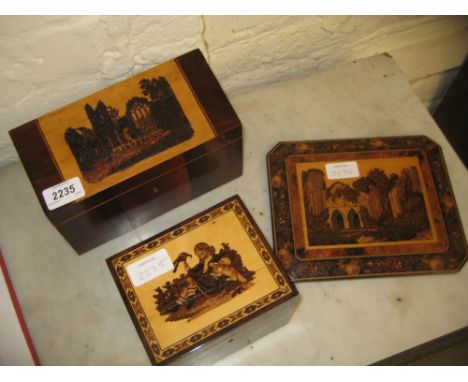 19th Century Tunbridge ware stationery box, the cover decorated with Muckross Abbey, County Killarney and another single divi