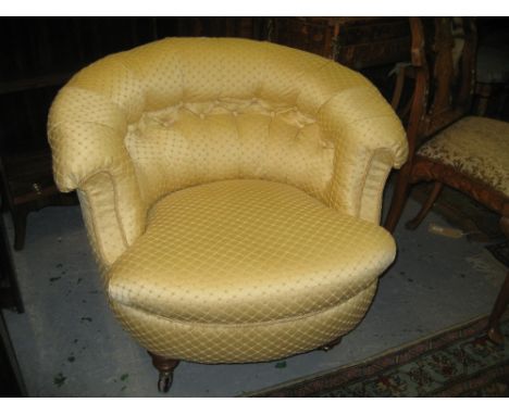 Pair of good quality Victorian deep button upholstered tub shaped drawing room chairs covered in gold damask and raised on lo