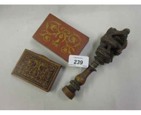 19th Century carved treenware nutcracker in the form of a dog's head, two small Sorrento boxes and a collection of various sm
