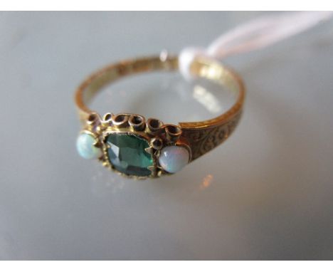 Victorian 15ct yellow gold green tourmaline and opal ring