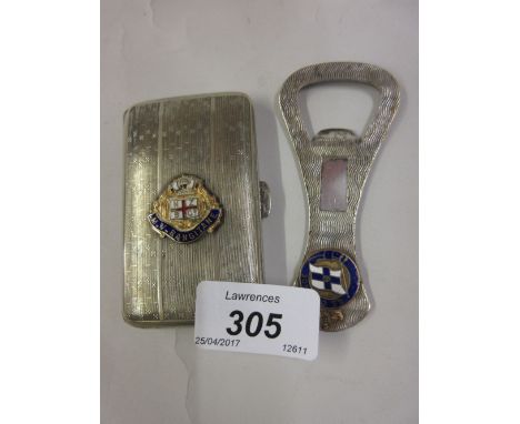 White metal cigarette case, the cover mounted with an enamel decorated badge, M.V. Rangitane, together with a metal bottle op