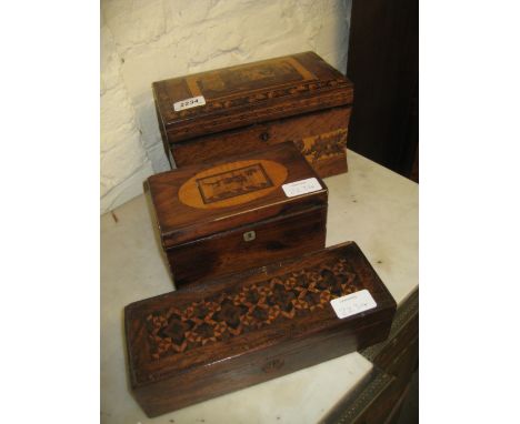 19th Century Tunbridge ware tea caddy, the cover decorated with Penshurst Place (lacking interior), 10ins x 5.5ins x 6ins hig