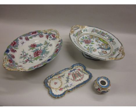 Late Dresden porcelain inkwell with tray together with two English pottery oval comports