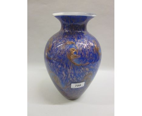 Large Caithness ' Star Dust ' baluster form vase decorated with a gold fleck swirl design on a blue and white opaque ground, 