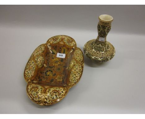 Zsolnay reticulated baluster form vase together with a similar oval lozenge form dish with floral decoration and pierced bord