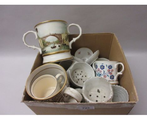 Pair of late Dresden floral decorated cups and saucers, two handled Ironbridge, Coalport mug, quantity of shaving mugs etc