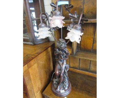 Reproduction bronzed composition three light figural table lamp