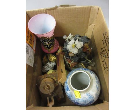 Chinese blue and white floral decorated jar with character mark to base (lacking cover), a Satsuma teapot (lacking cover), po