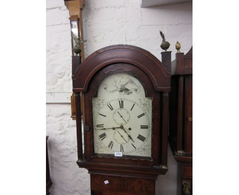 19th Century mahogany line inlaid longcase clock having painted arch top dial with Roman numerals, subsidiary seconds and dat