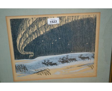 F. Tidemand - Johannessen, signed woodcut print, Norwegian landscape with the Northern Lights