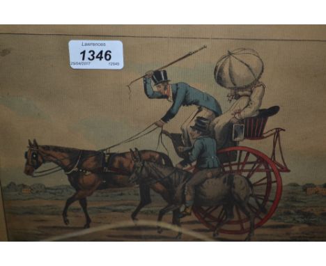 Henry Alken, antique hand coloured print, figures with a pony and trap and a figure riding a donkey