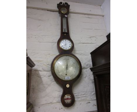 George III mahogany and line inlaid clock / barometer / thermometer and hydrometer, the swan neck pediment above a five glass