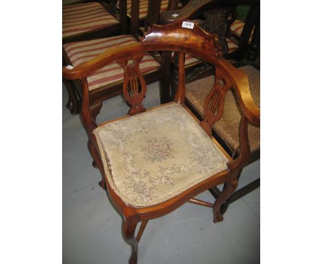 Edwardian beechwood and marquetry inlaid corner chair with a twin vase splat back and cabriole supports together with a mahog