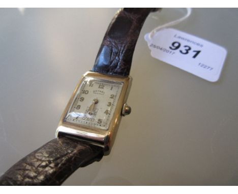 Gentleman's rectangular Rotary 9ct gold cased wristwatch on a brown leather strap