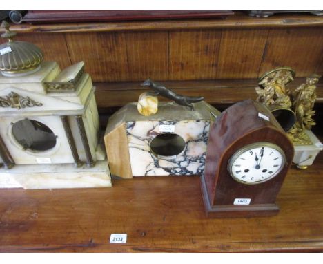 Early 20th Century mahogany lancet shaped mantel clock (a/f), three other various cases (a/f) and a box containing a small qu