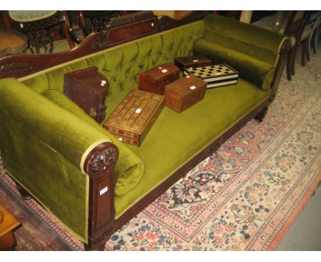 William IV mahogany green button upholstered sofa raised on turned fluted tapering supports