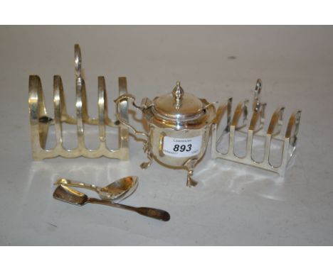 London silver mustard with a plated spoon, two silver toast racks, caddy spoon and condiment spoon