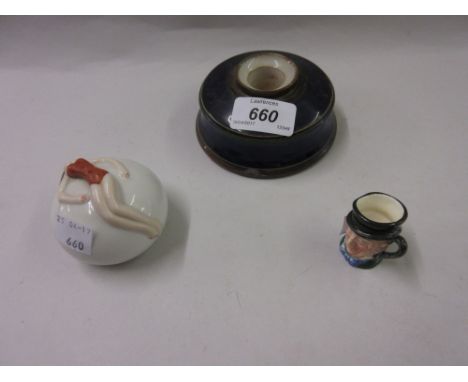 Royal Doulton tiny character jug, Royal Doulton stoneware inkwell and a porcelain paperweight in the form of a reclining girl