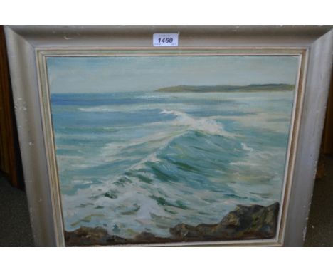 John Wheatley, oil on canvas, seascape with breaking wave, signed and inscribed verso ' A Clean Sweep ', 14ins x 16ins