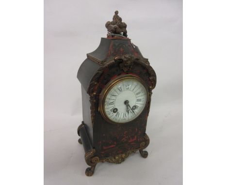 Small 19th Century French buhl marquetry and red tortoiseshell mantel clock, the enamel dial with Roman and Arabic numerals w