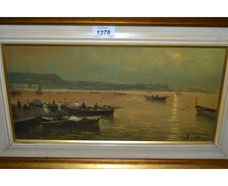 R. Scoppia, oil on board, fishermen and boats on a jetty in the Gulf of Naples, signed and gilt framed, 7ins x 15ins bearing 