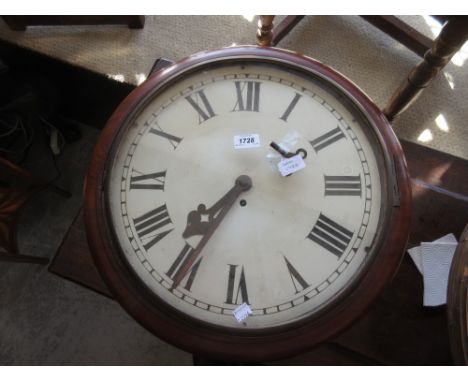 Large 19th Century circular mahogany wall clock, the enamel dial with Roman numerals, with a single train fusee movement, the