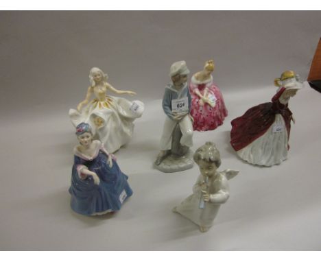 Lladro figure of a boy with a pond yacht, Lladro figure of a child angel, two modern Royal Doulton figures and two similar Co