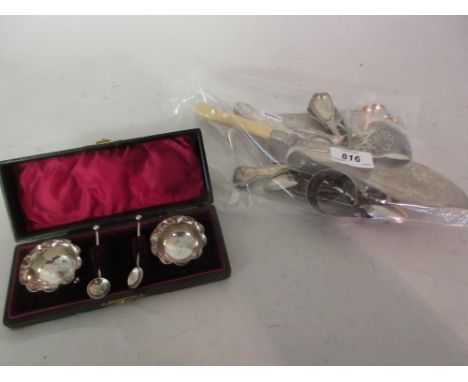 Cased pair of silver salts, silver cigarette case and miscellaneous  flatware