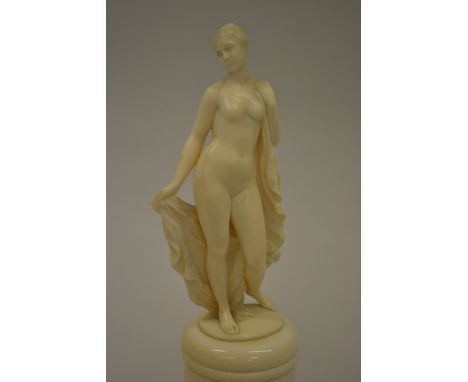 Johann Balthasar Trumpfheller, Art Deco carved ivory figure of a nude, on a circular ivory plinth, signed, 10ins high total, 