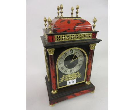 Late 19th or early 20th Century red stained tortoiseshell ebonised and gilt brass mounted bracket clock with a pagoda case an