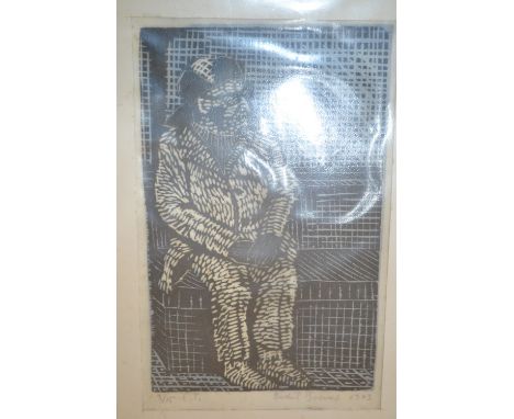 Bodil Brems, Limited Edition print of a seated figure, dated '73, unframed, another by the same artist, head and shoulder por