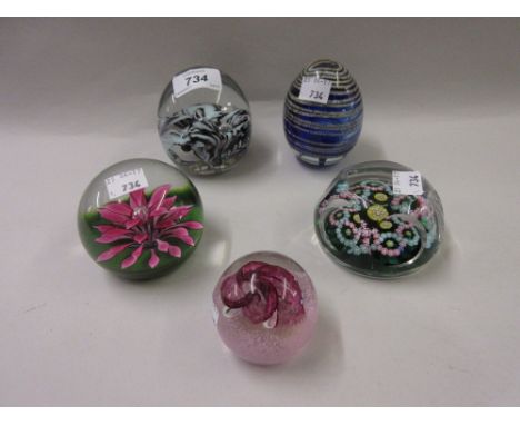 Collection of five various assorted paperweights including: Caithness Limited Edition and millefiori etc
