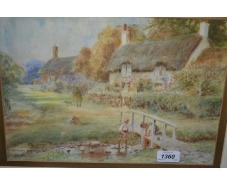 Douglas Brookes, watercolour, two boys playing on a bridge by a stream with cottages, signed