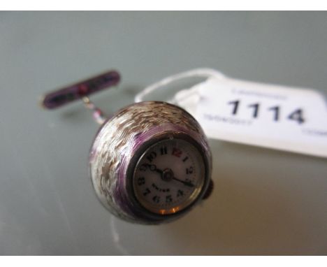 Swiss silver gilt enamel decorated globe watch suspended from a bar (a/f)