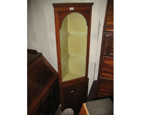 Small reproduction yew wood standing corner cabinet with an open shelf top above a cupboard together with a small reproductio