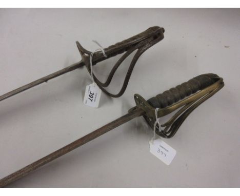 Victorian sword with curved single fuller blade and shagreen grip (a/f), lacking scabbard together with another similar offic