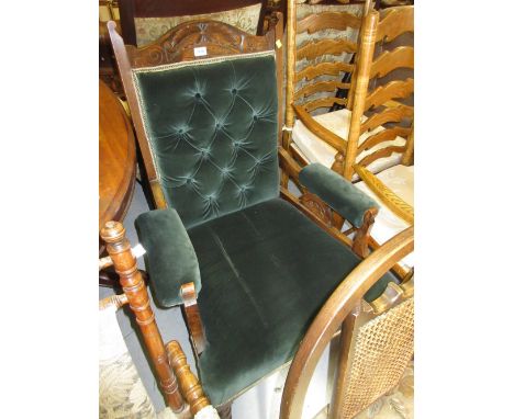 Victorian carved beechwood and button upholstered open arm drawing room chair on turned front supports