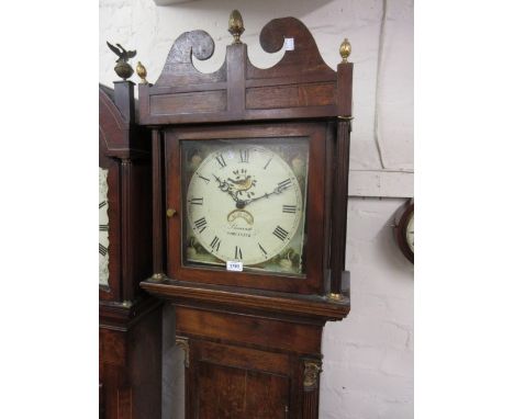 George III oak mahogany banded and line inlaid longcase clock, the square hood with swan neck pediment above a rectangular pa