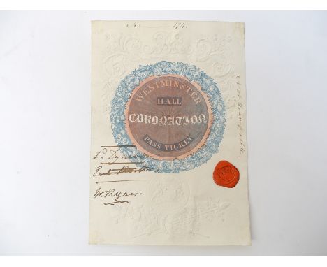 George IV Coronation Ticket, Westminster Hall, 1821. Printed by Whiting &amp; Branston using the Congreve patent to print two